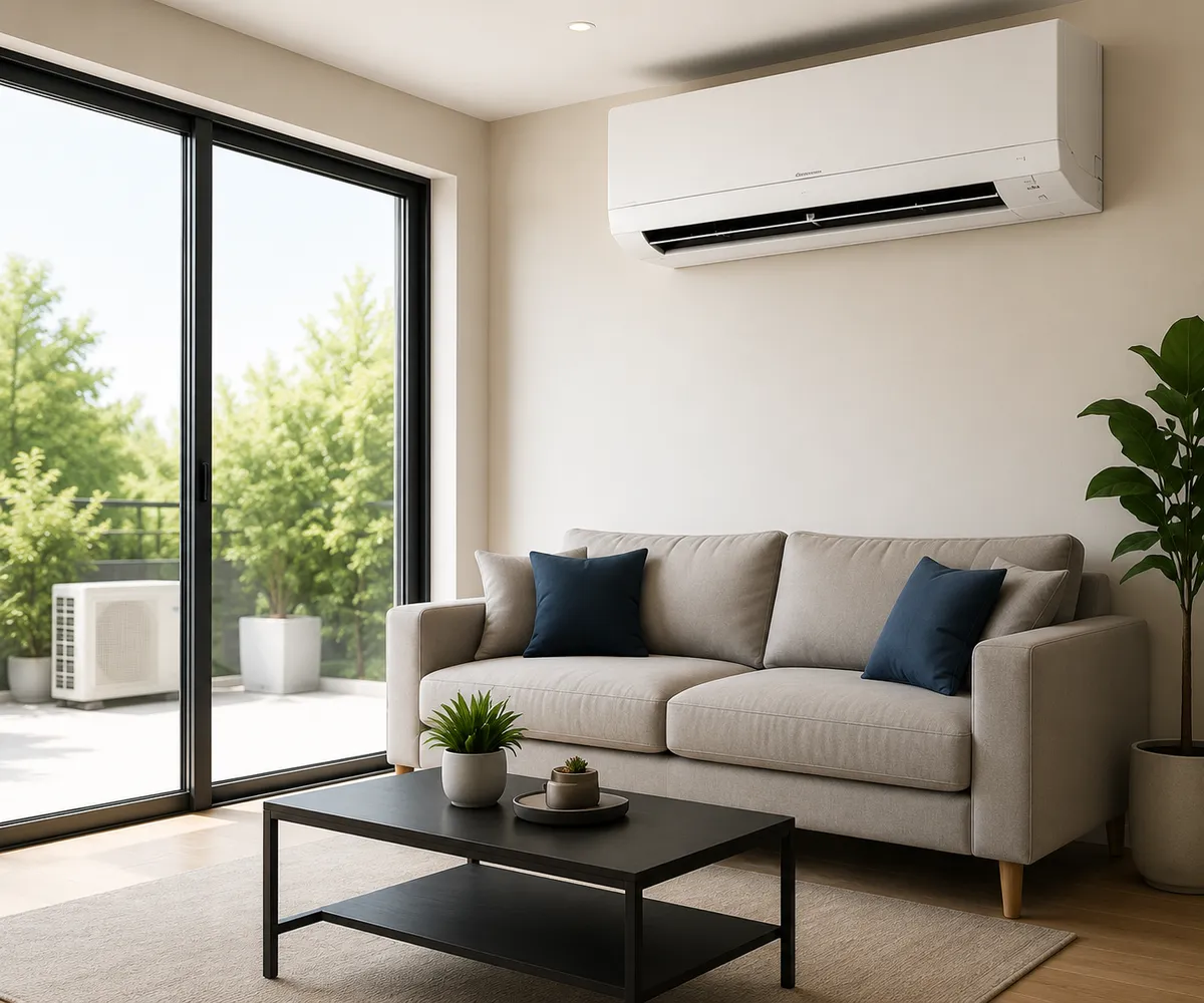 A bright, modern living room kept cool by a wall-mounted air conditioning unit, with the outdoor condenser on the balcony beyond